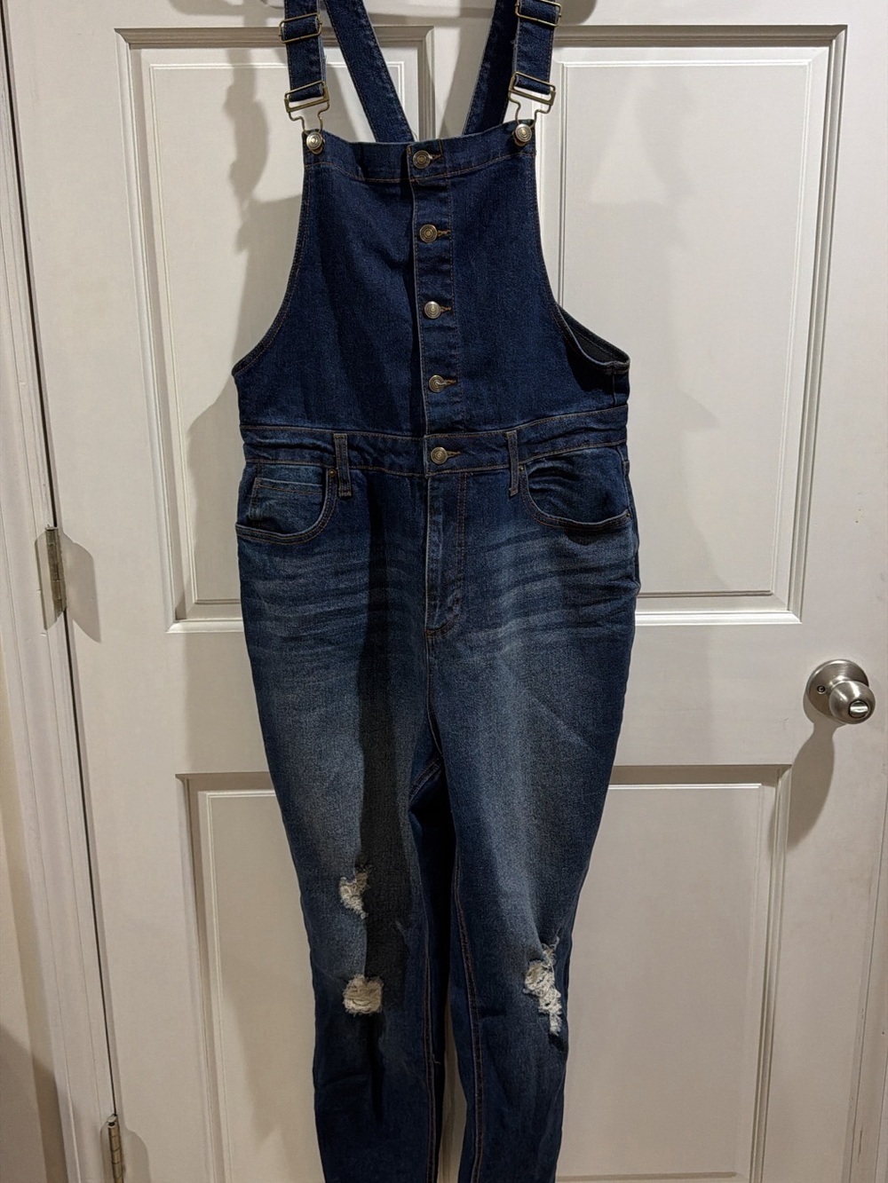 Dark Wash Denim Overalls with Distressed Knees Size XL